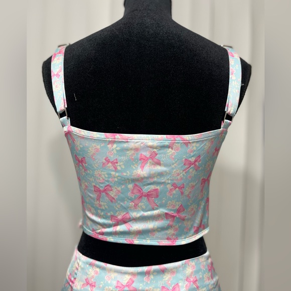 SUGAR THRILLZ No Misbehaving Bow Print Satin Mini Skirt Set Pastel Blue Pink S - Picture 5 of 15